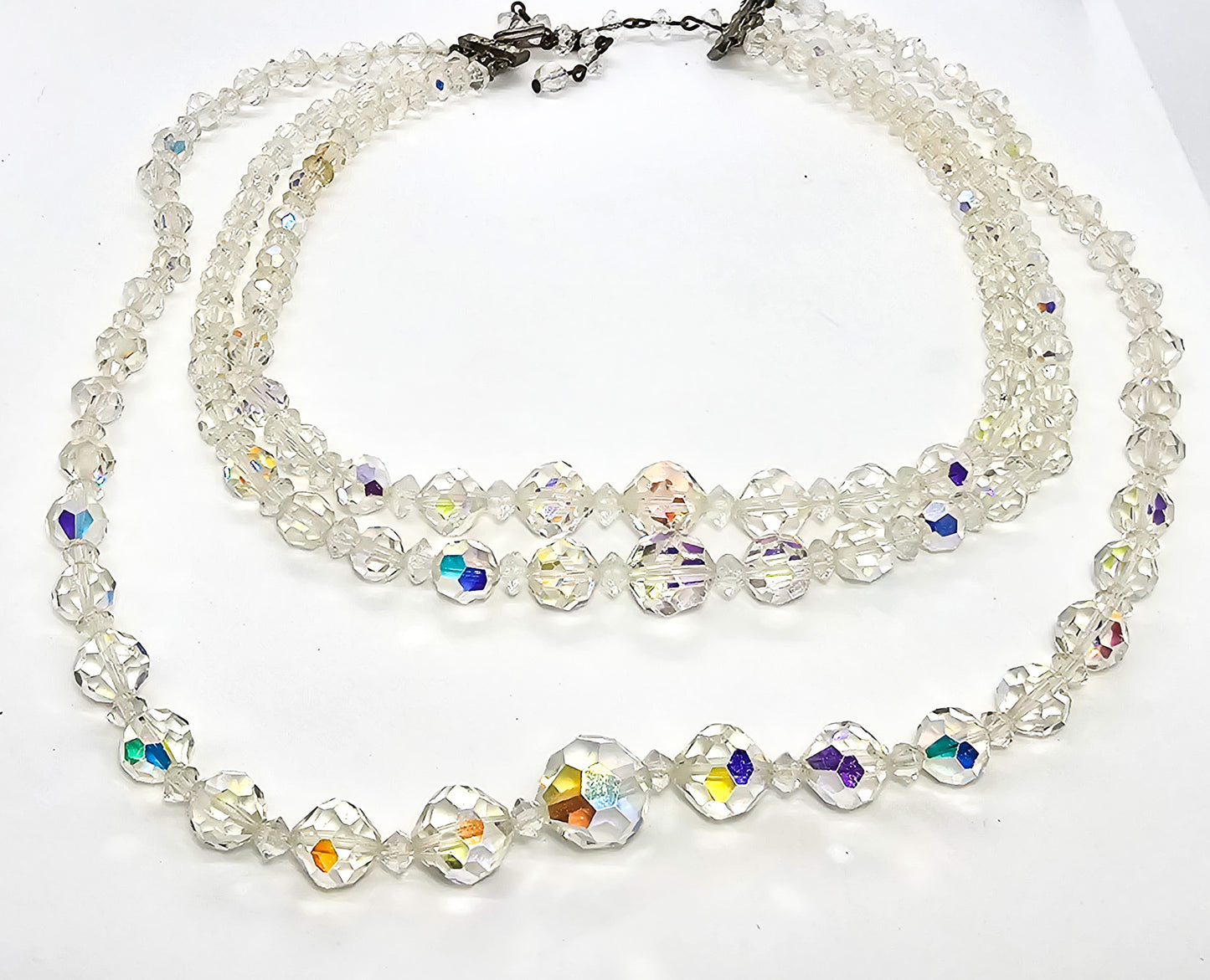 Austrian Crystal tiered vintage three strand Aurora borealis graduated beaded necklace