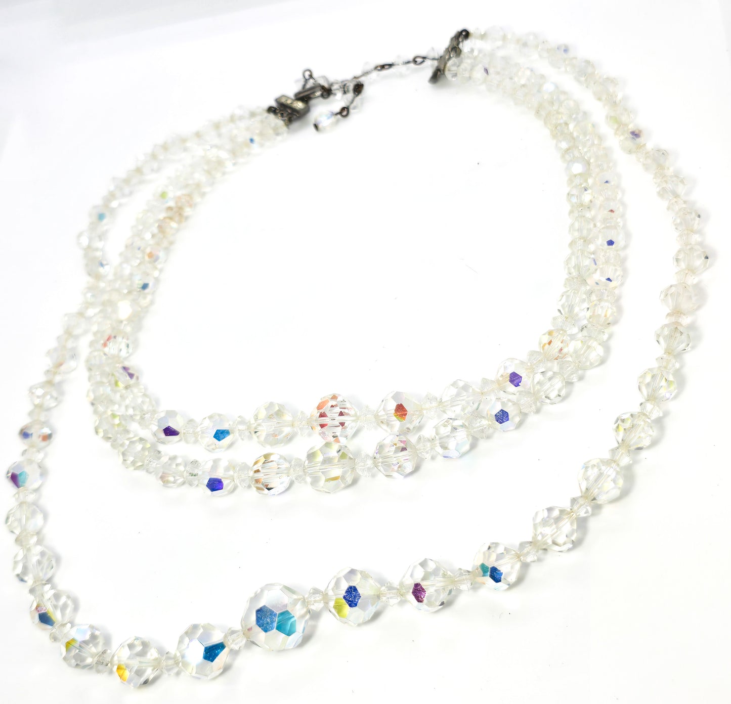 Austrian Crystal tiered vintage three strand Aurora borealis graduated beaded necklace