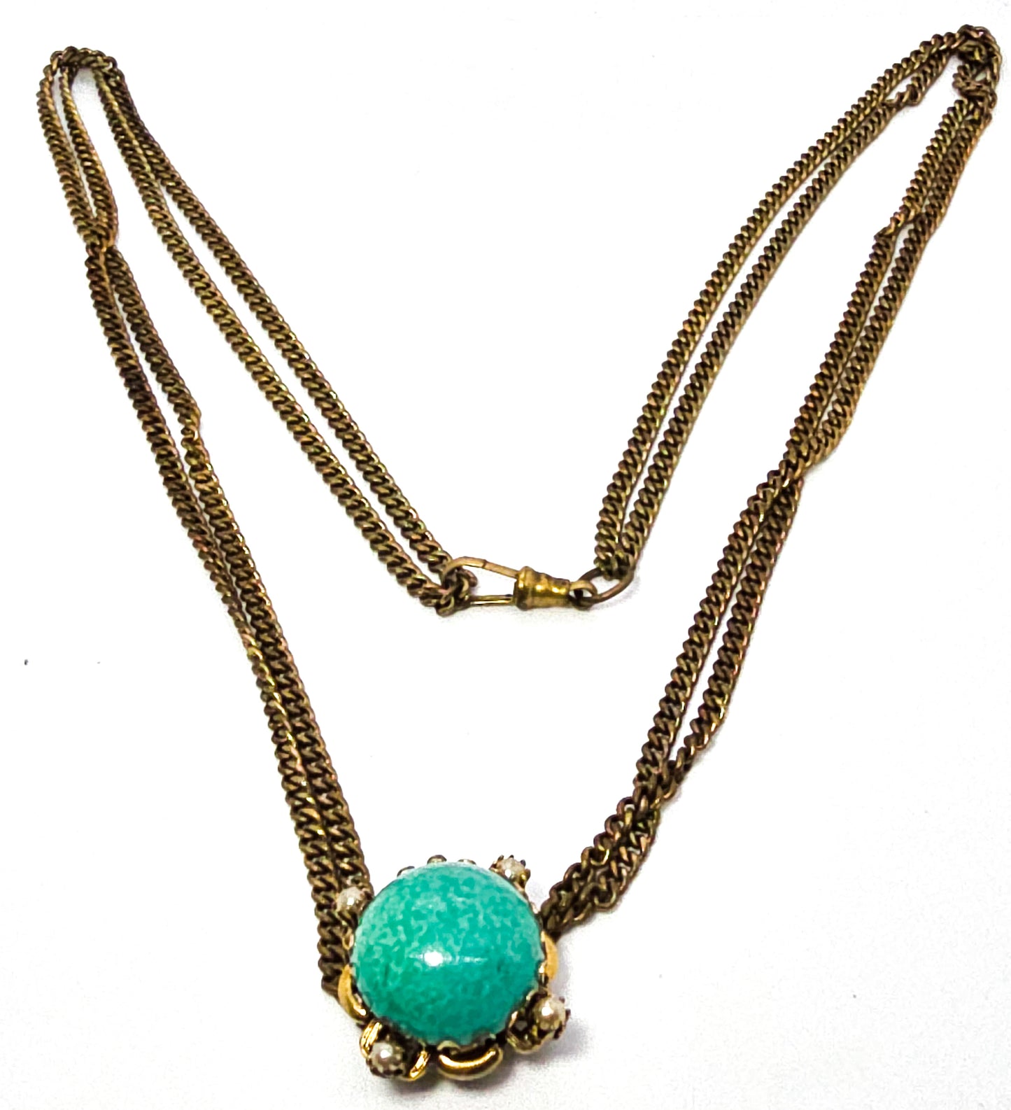 Victorian Revival green peking glass faux pearl gold plate vintage slider pendant necklace