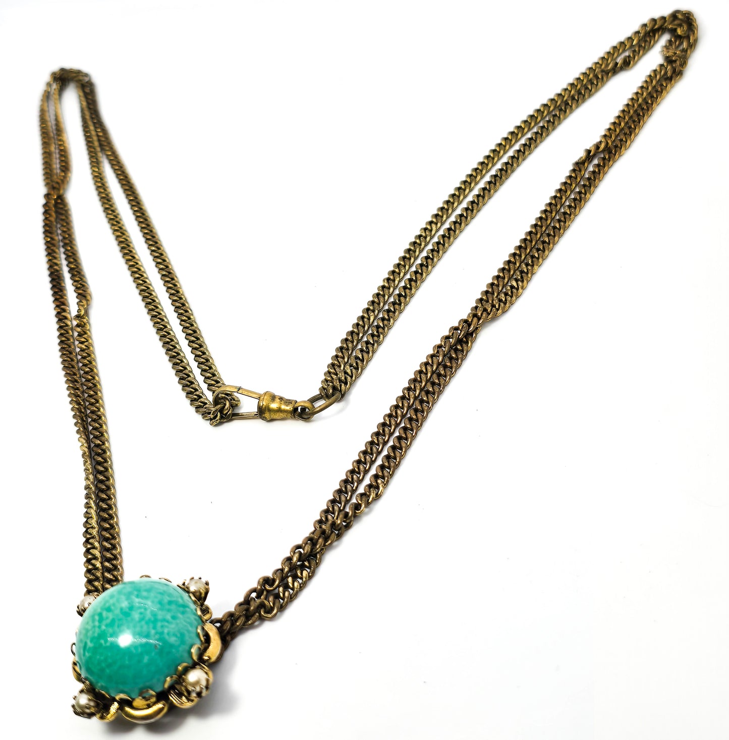 Victorian Revival green peking glass faux pearl gold plate vintage slider pendant necklace