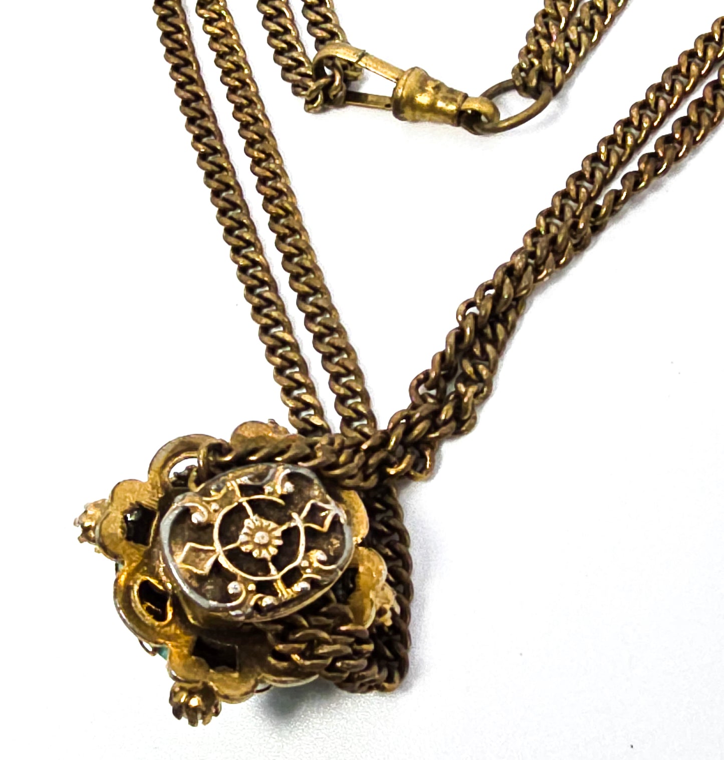 Victorian Revival green peking glass faux pearl gold plate vintage slider pendant necklace