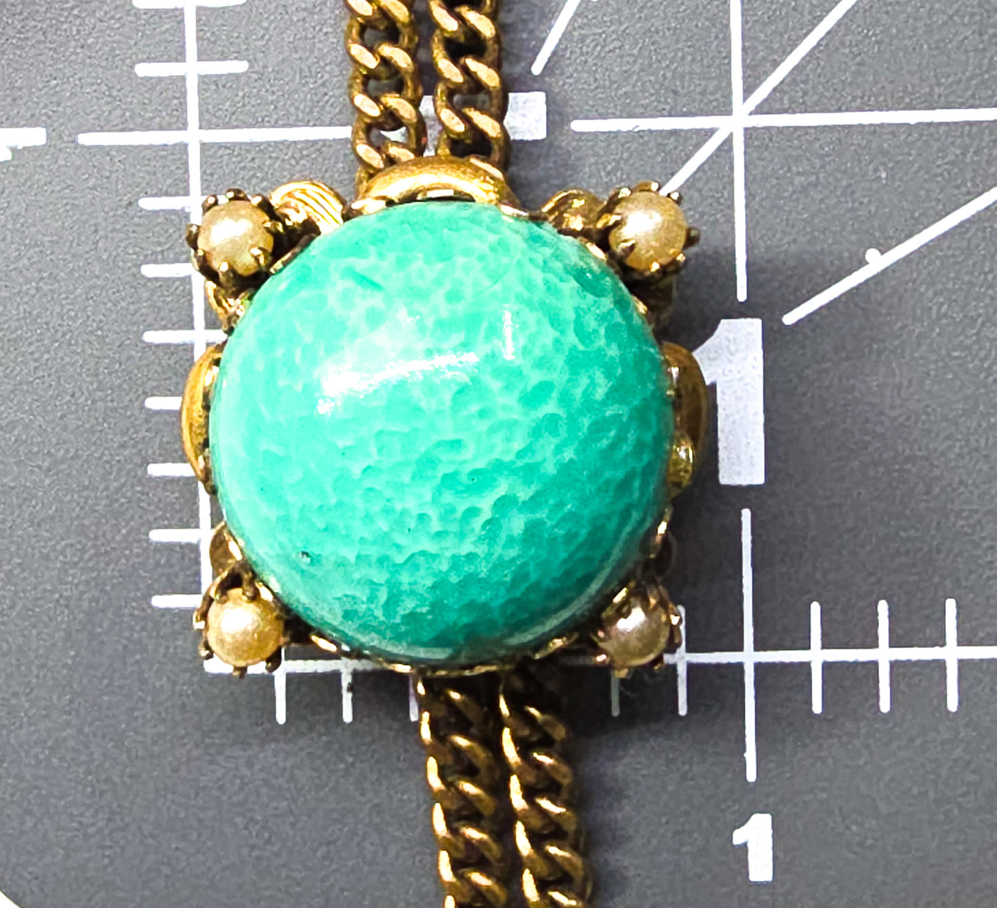 Victorian Revival green peking glass faux pearl gold plate vintage slider pendant necklace