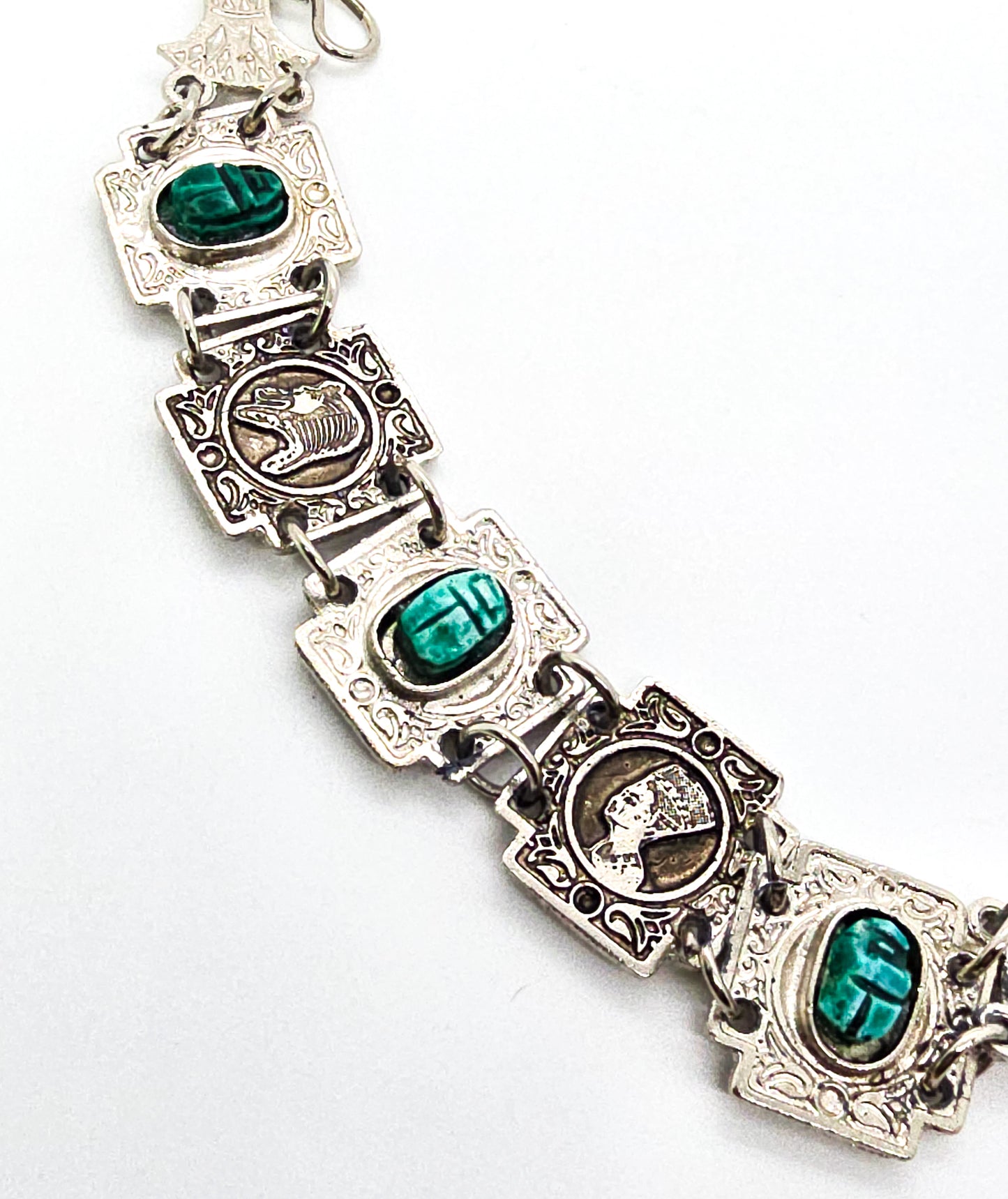 Egyptian Revival blue scarab Faience tourist souvenir silver toned panel bracelet