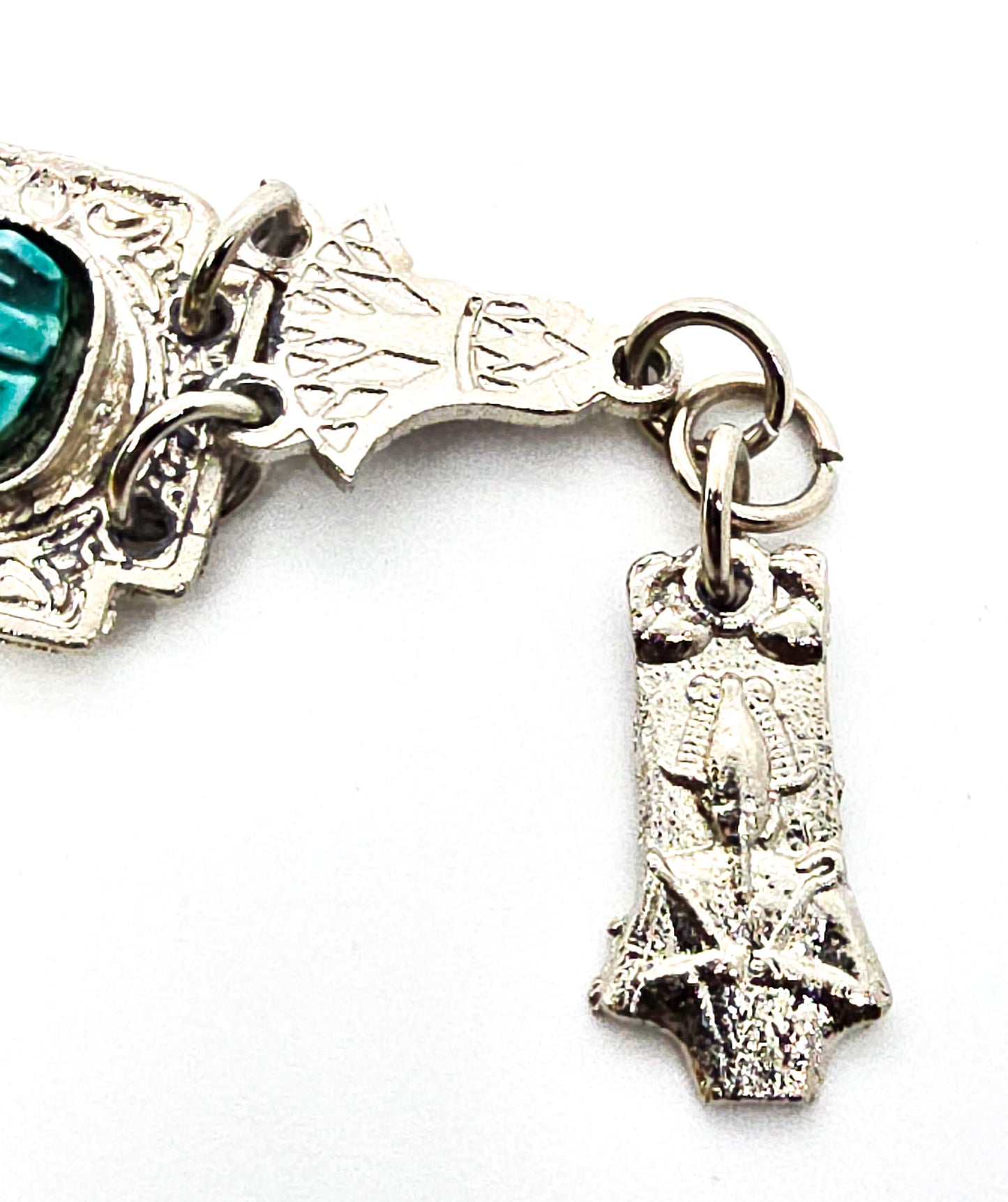 Egyptian Revival blue scarab Faience tourist souvenir silver toned panel bracelet