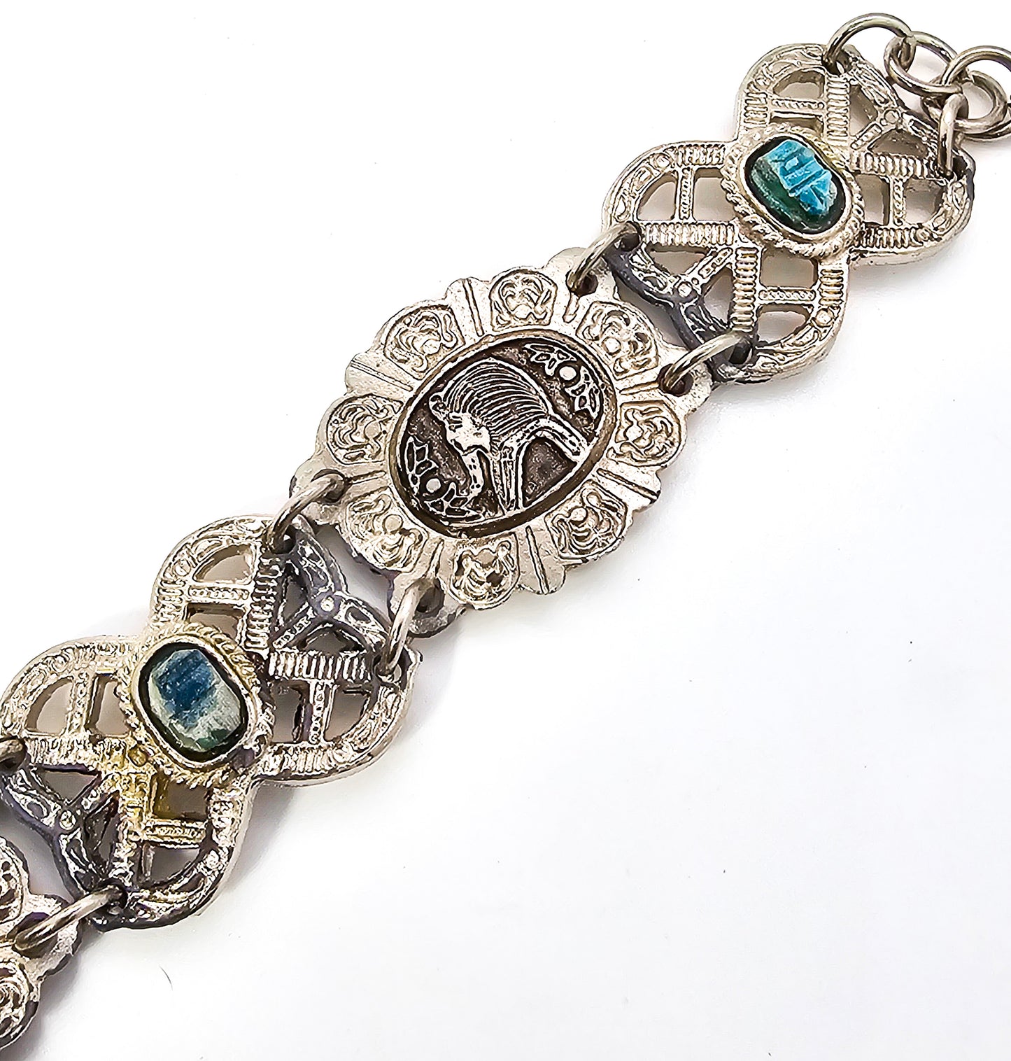 Egyptian Revival blue scarab ankh Faience tourist souvenir silver toned panel bracelet