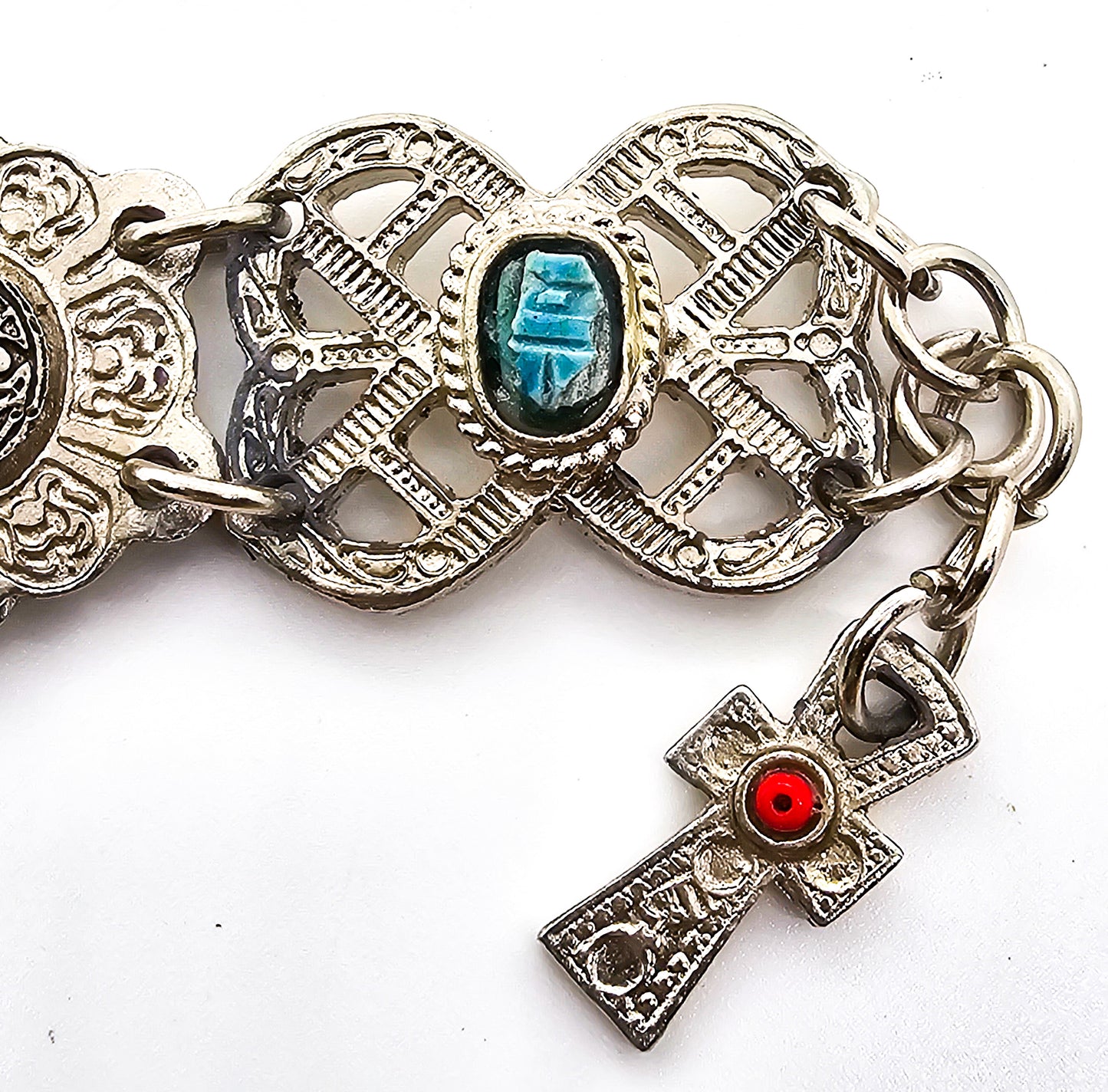Egyptian Revival blue scarab ankh Faience tourist souvenir silver toned panel bracelet