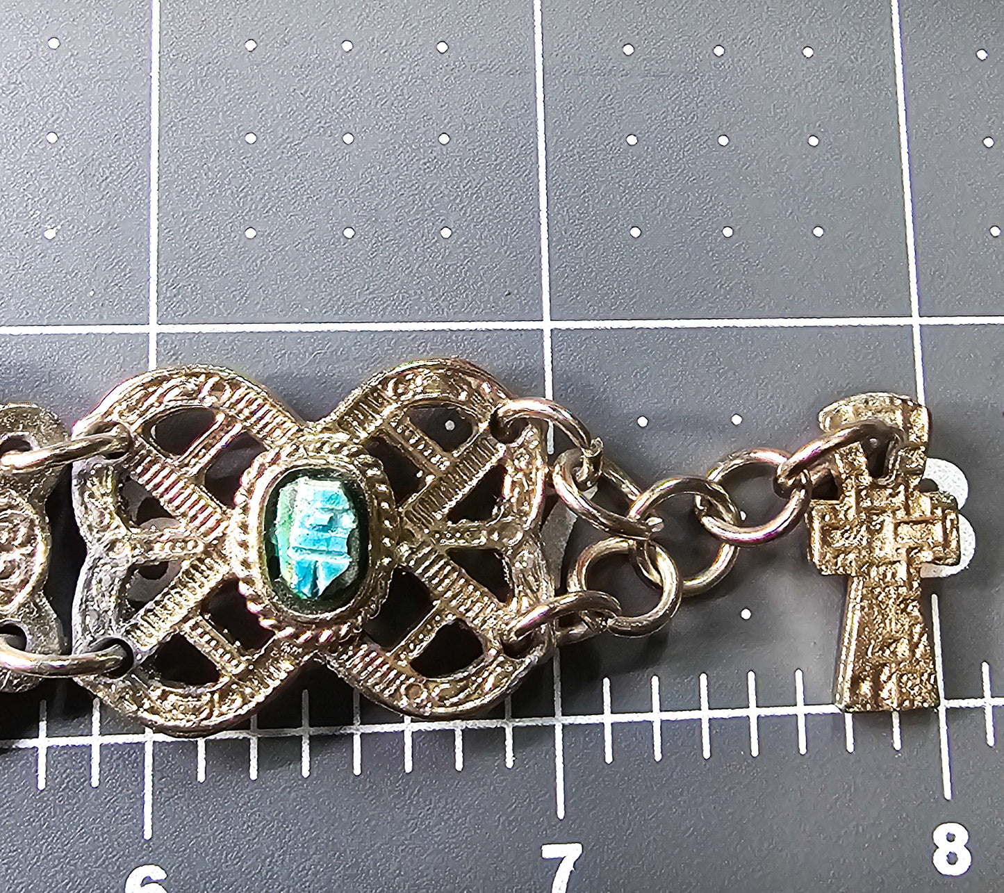 Egyptian Revival blue scarab ankh Faience tourist souvenir silver toned panel bracelet