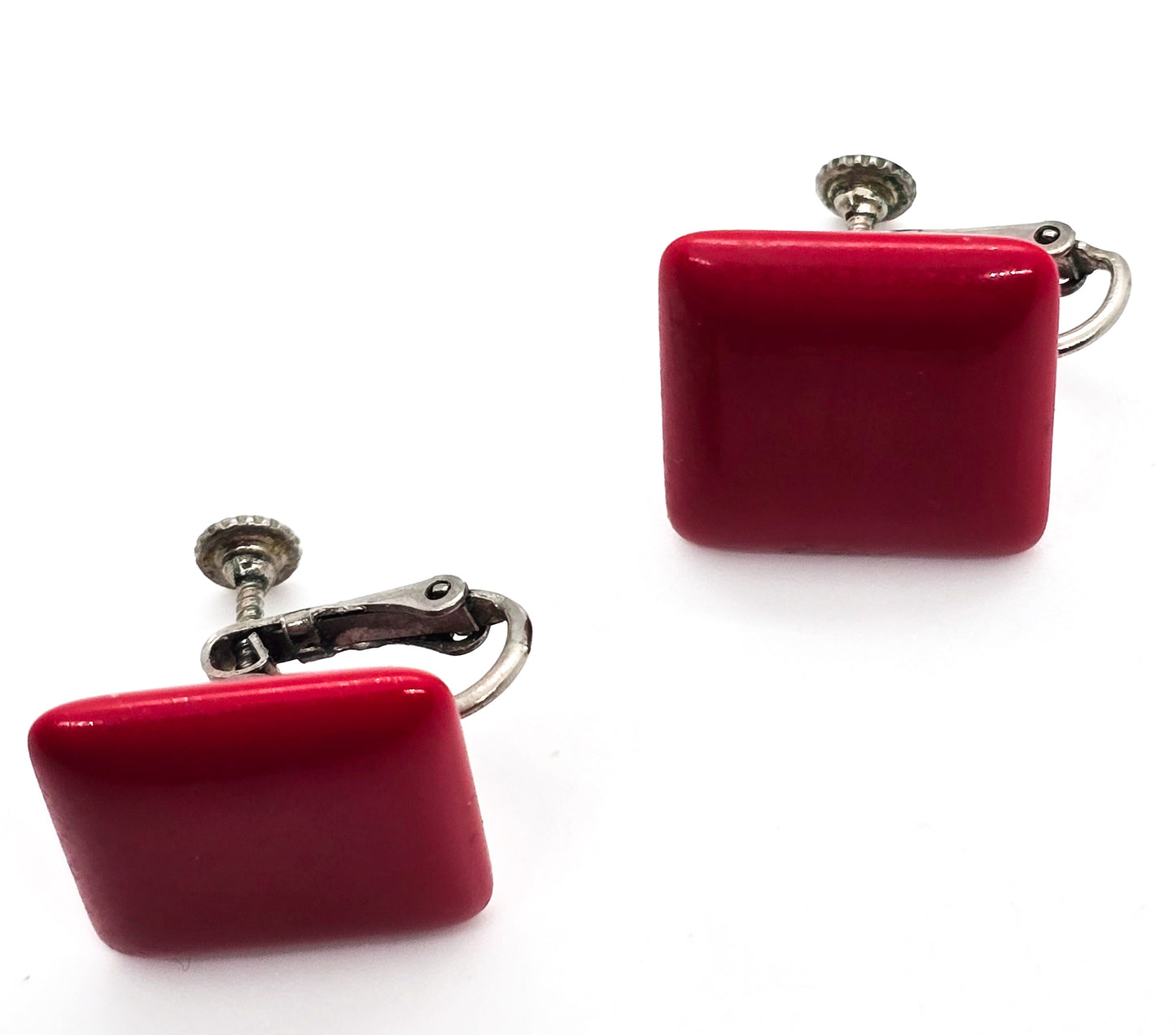 Cherry Red bright lucite retro 1960's vintage adjustable clip on earrings