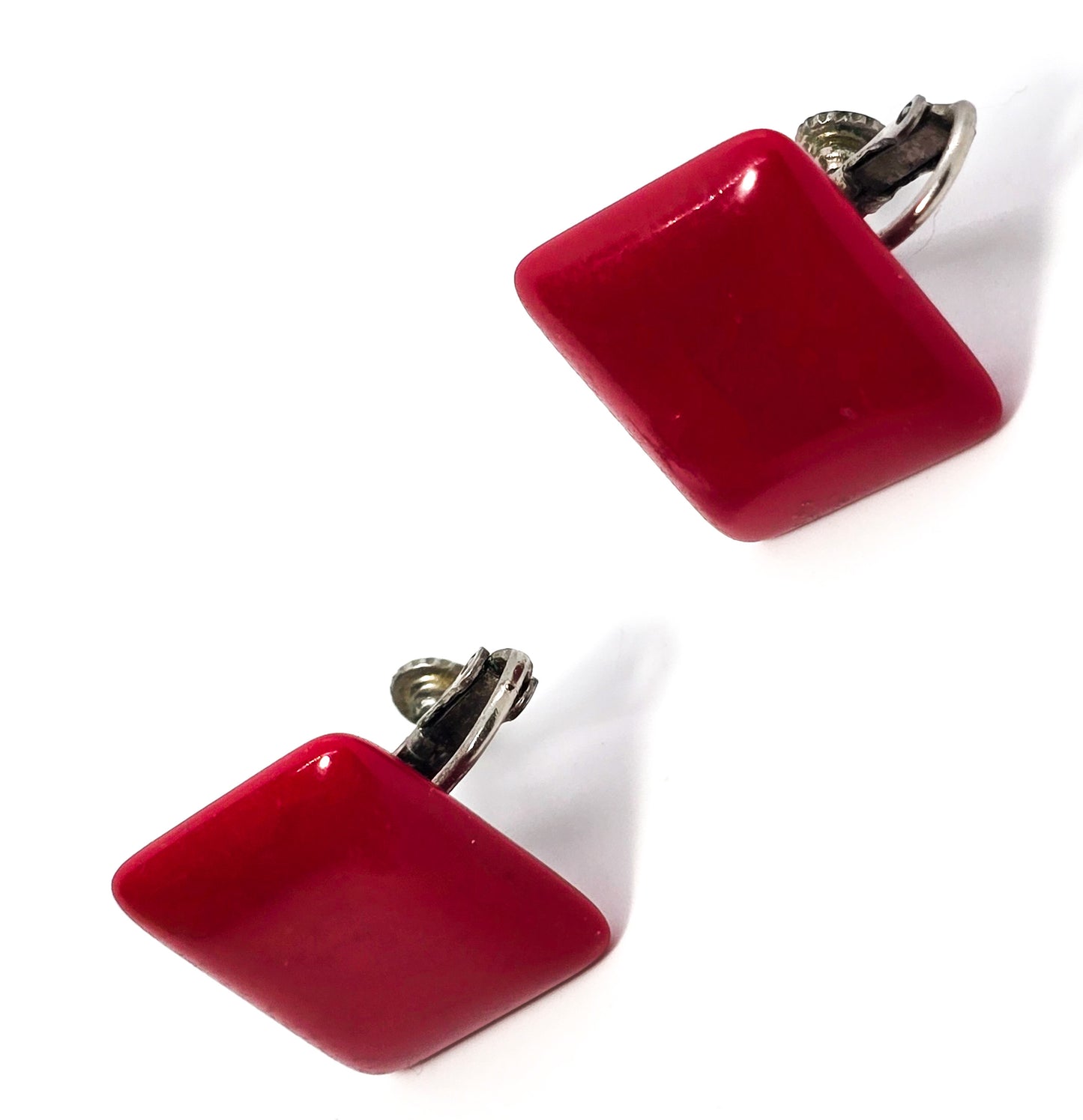Cherry Red bright lucite retro 1960's vintage adjustable clip on earrings