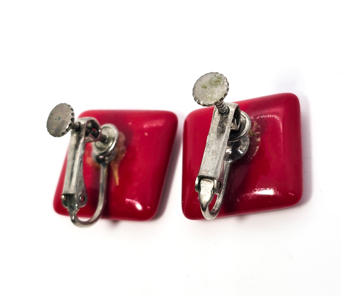 Cherry Red bright lucite retro 1960's vintage adjustable clip on earrings