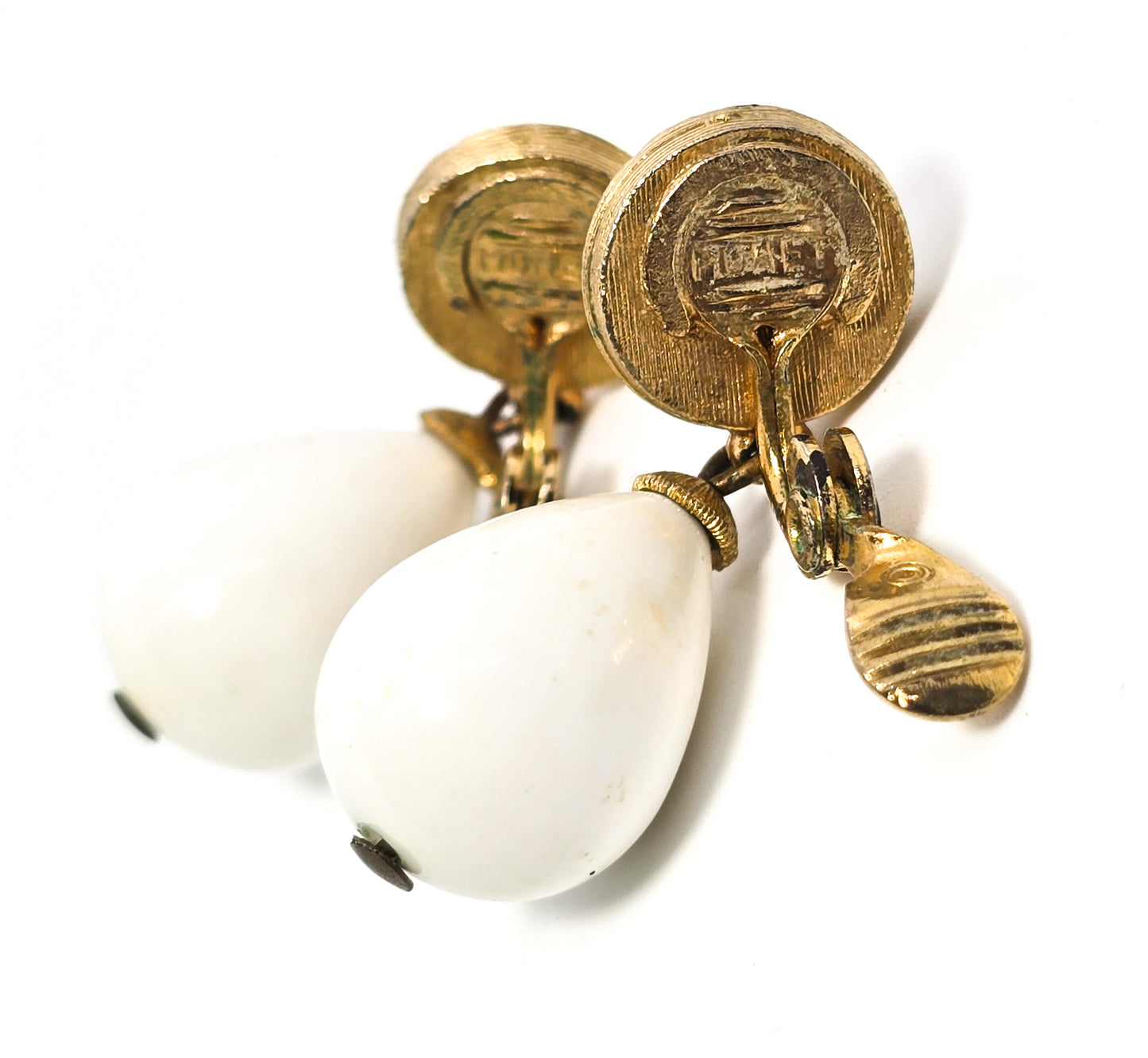 Monet Gold and white Lucite retro vintage signed clip on earrings