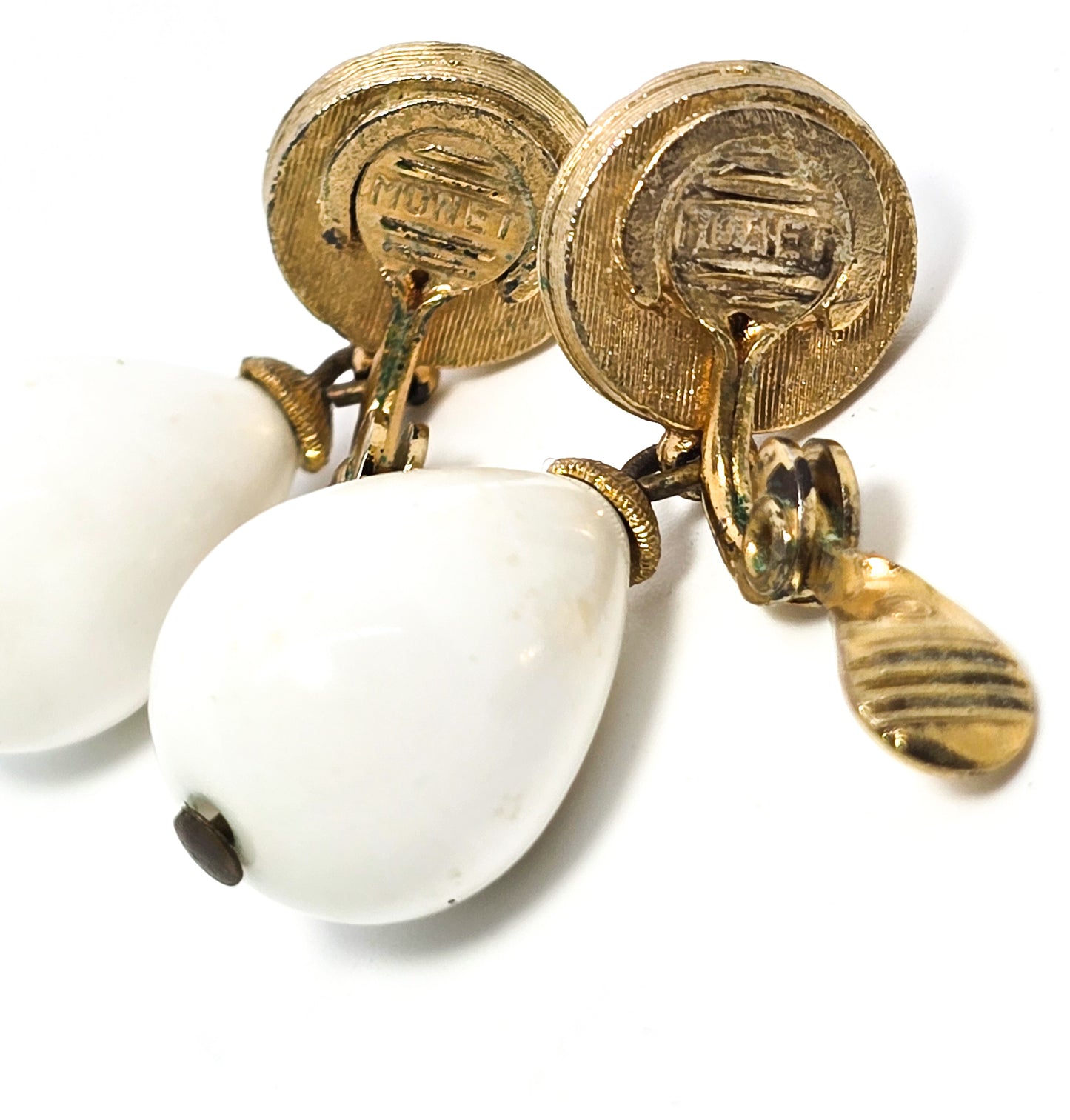 Monet Gold and white Lucite retro vintage signed clip on earrings