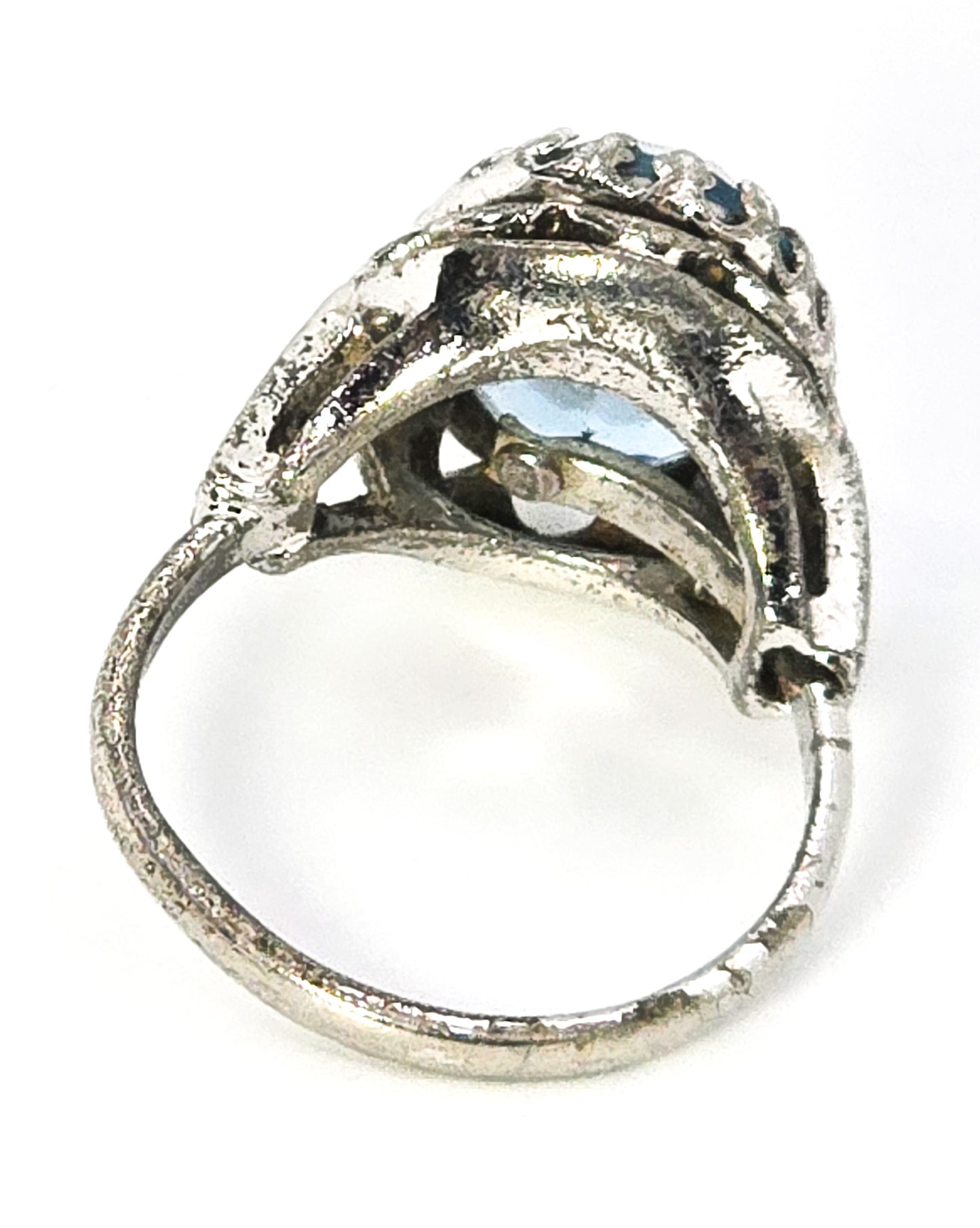 Blue paste large rhodium plated D sterling silver mid century adjustable ring size 5