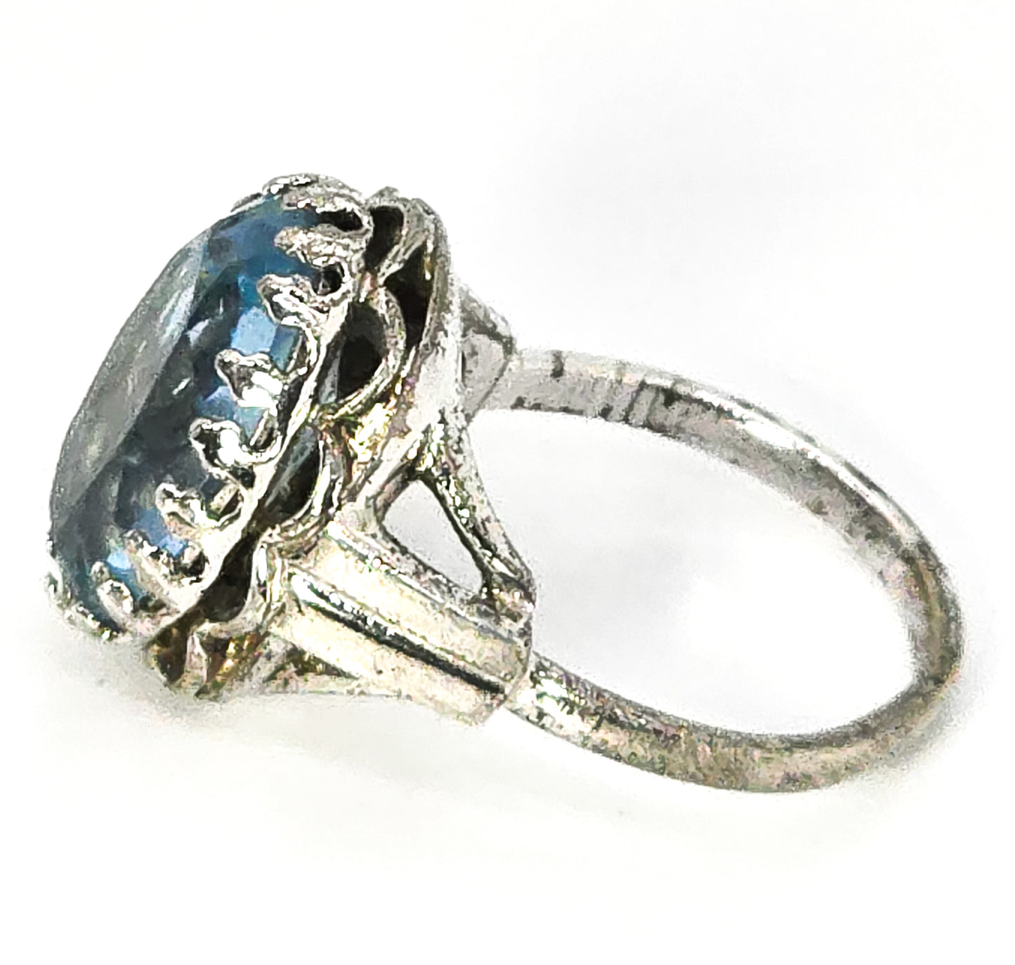 Blue paste large rhodium plated D sterling silver mid century adjustable ring size 5