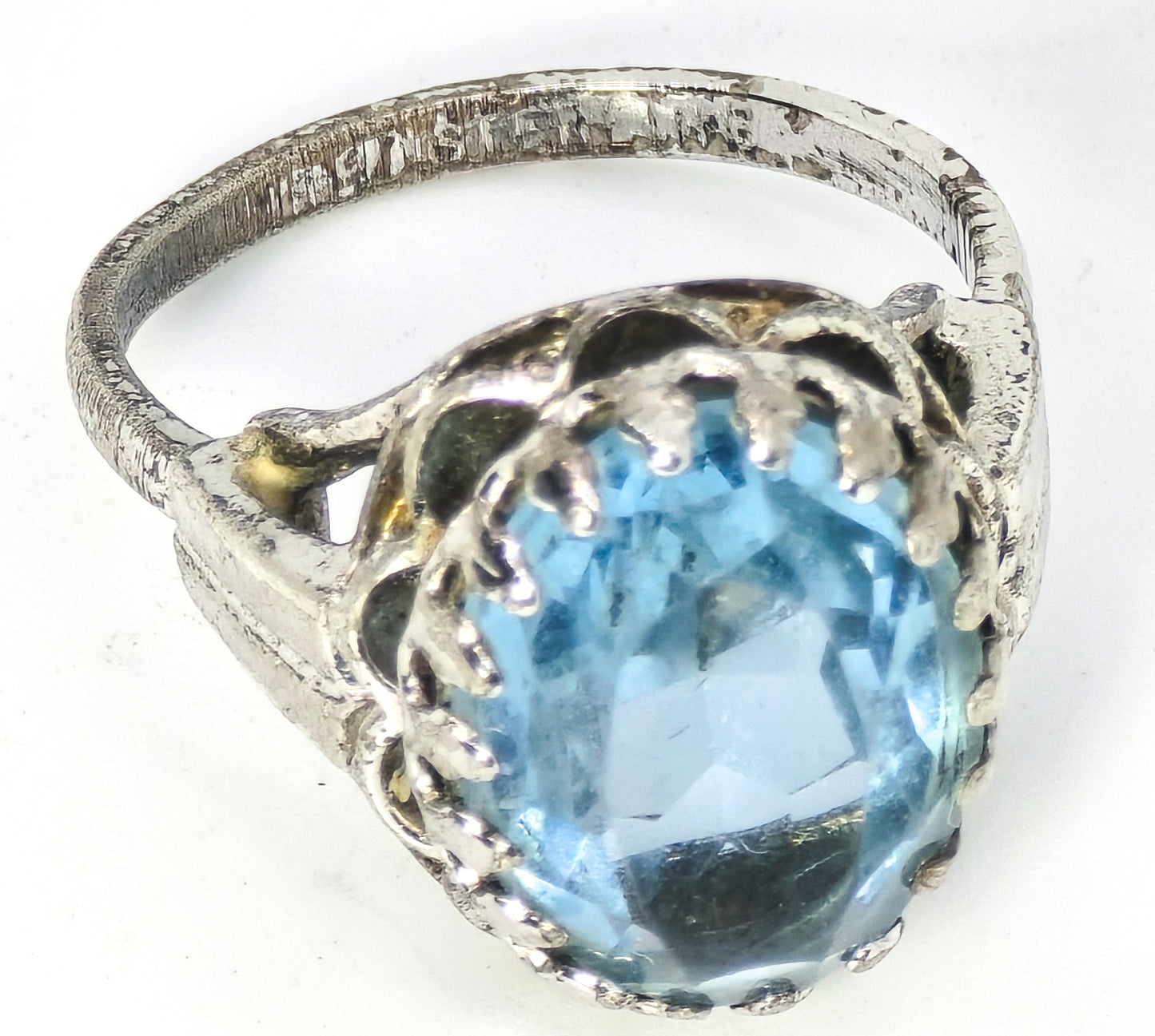 Blue paste large rhodium plated D sterling silver mid century adjustable ring size 5