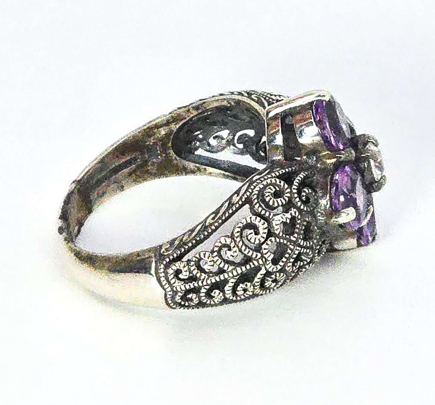 Vintage brand Amethyst and white topaz Art Deco style filigree sterling silver ring size 6.5