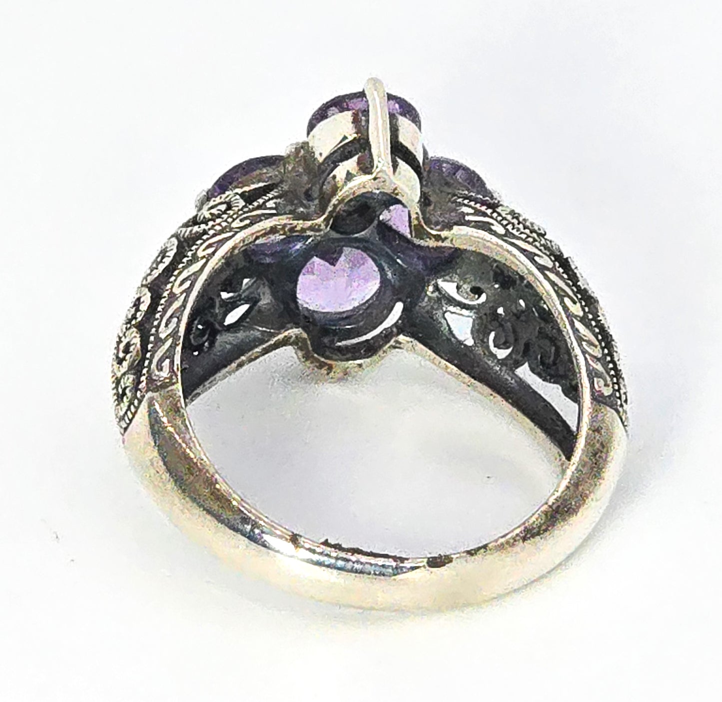 Vintage brand Amethyst and white topaz Art Deco style filigree sterling silver ring size 6.5