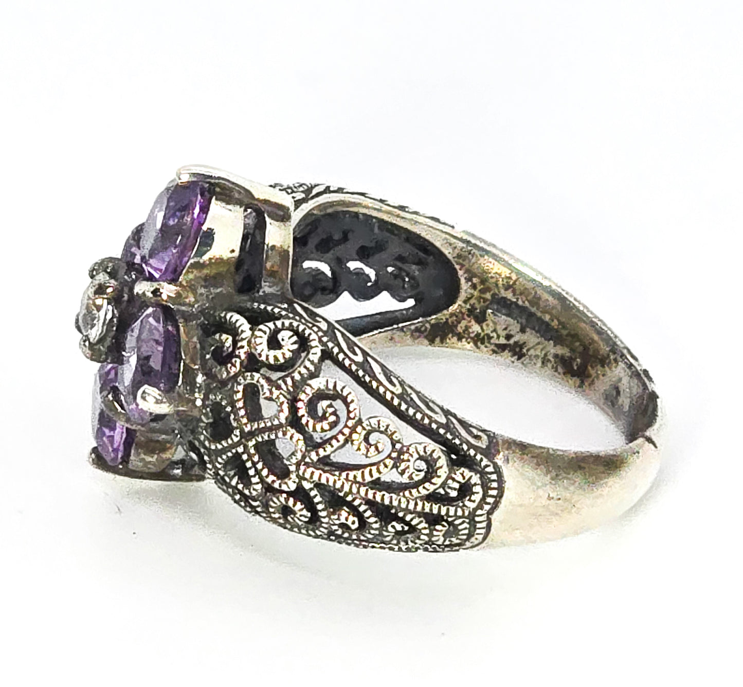 Vintage brand Amethyst and white topaz Art Deco style filigree sterling silver ring size 6.5
