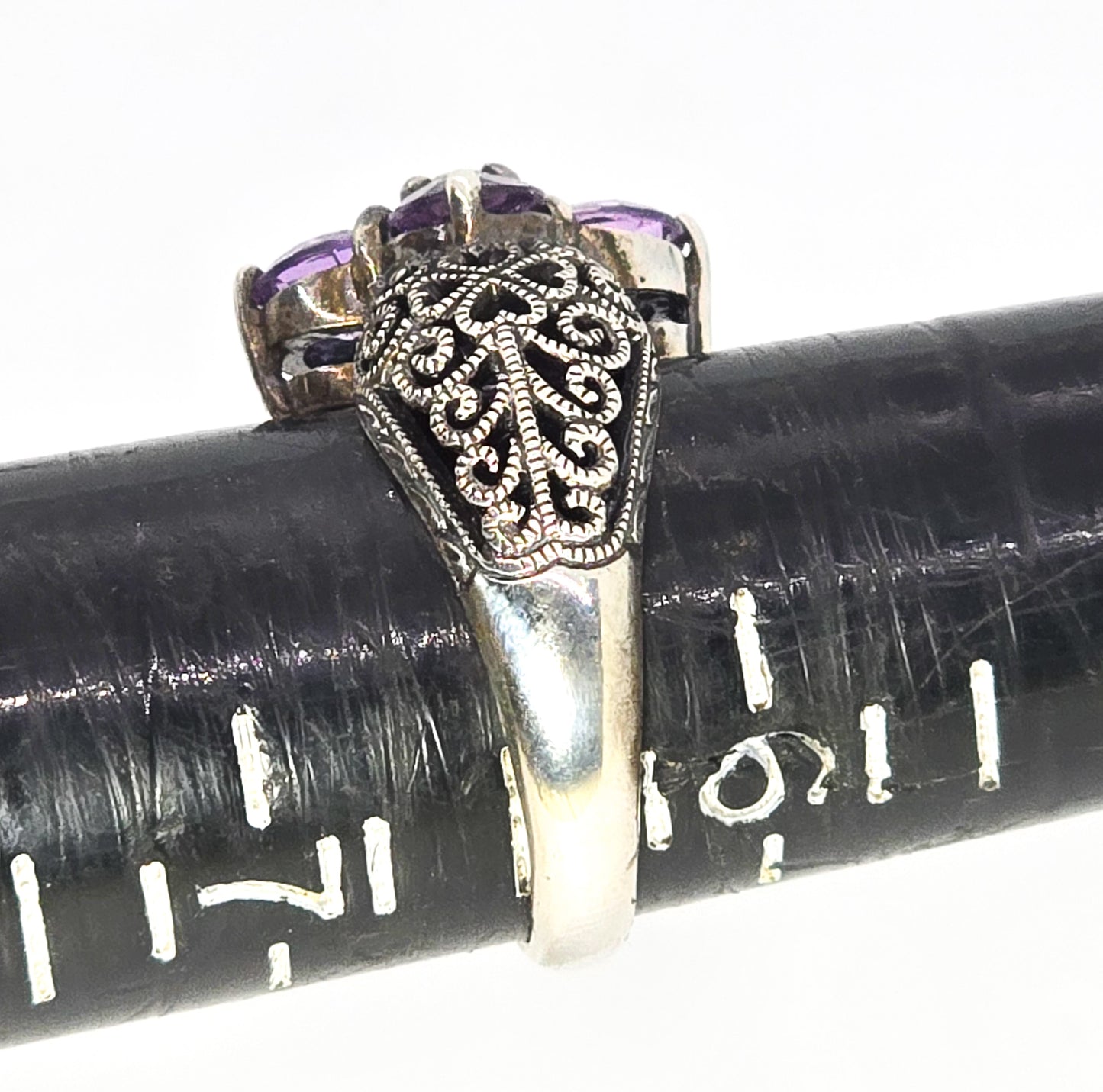 Vintage brand Amethyst and white topaz Art Deco style filigree sterling silver ring size 6.5