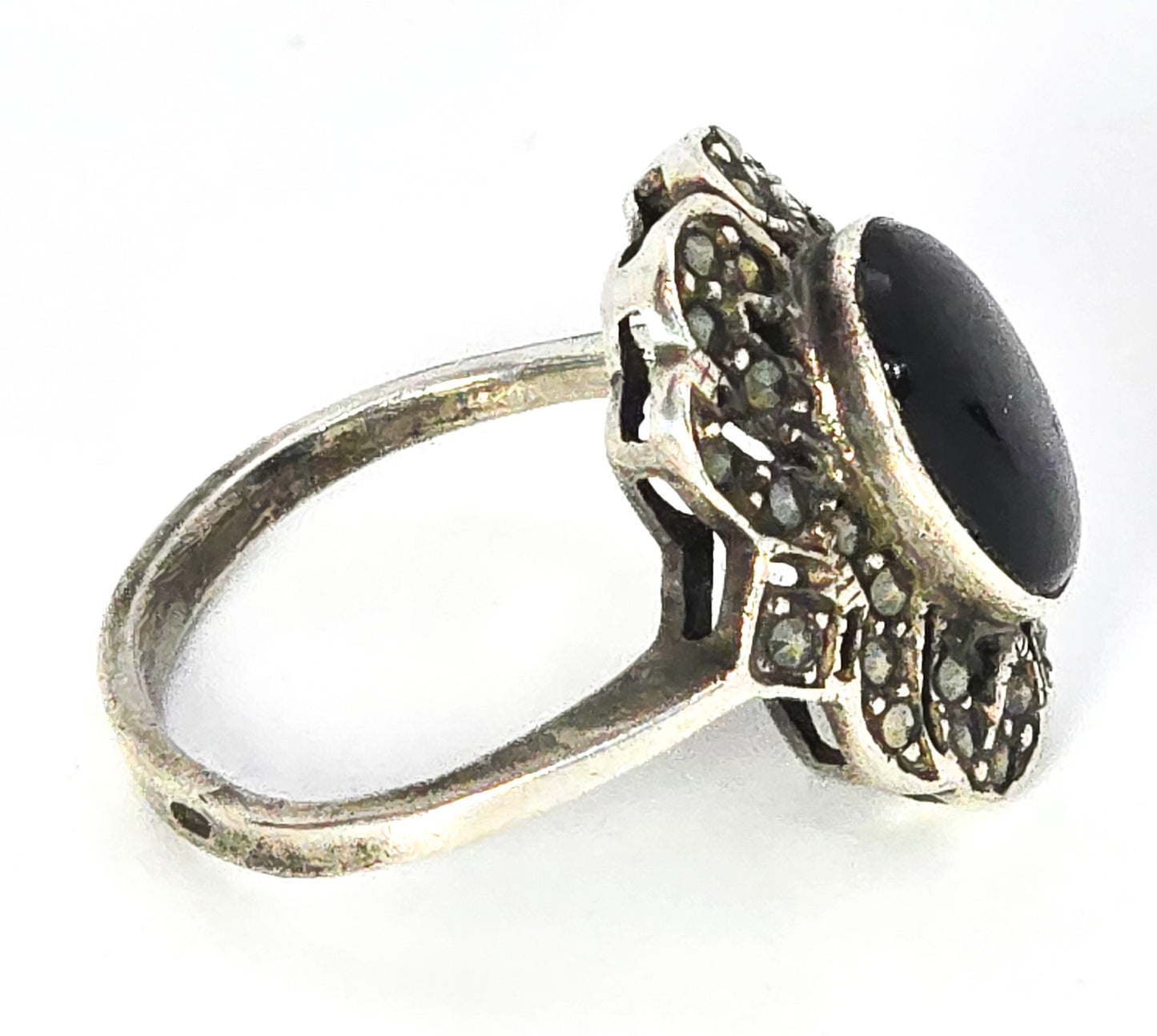 Black onyx and marcasite vintage sterling silver retro ring size 6.75