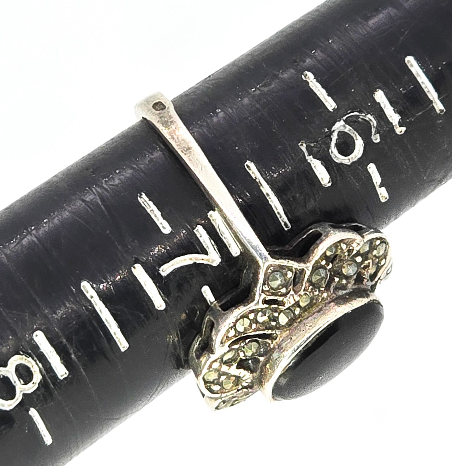Black onyx and marcasite vintage sterling silver retro ring size 6.75