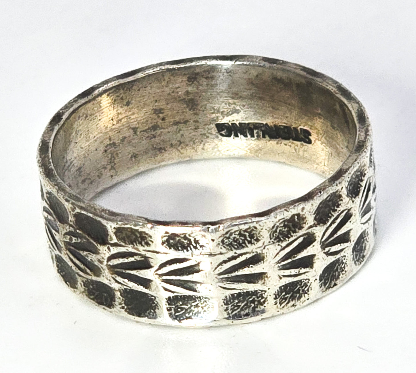 Antique Cigar band tooled thick sterling silver ring size 6