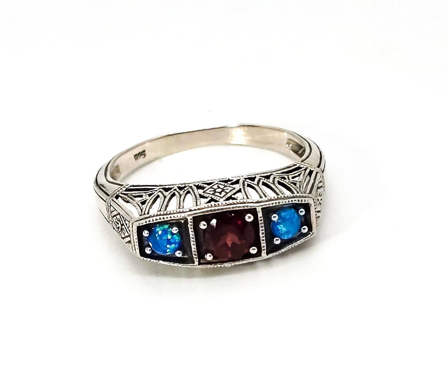Blue fire opal and garnet filigree Art Deco style signet sterling silver ring band size 8