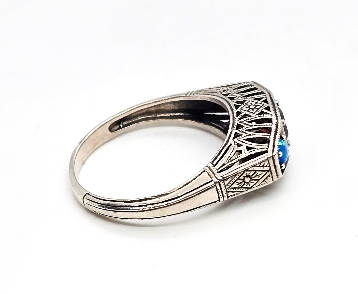 Blue fire opal and garnet filigree Art Deco style signet sterling silver ring band size 8