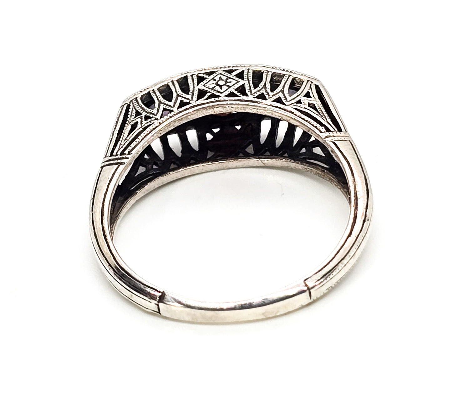 Blue fire opal and garnet filigree Art Deco style signet sterling silver ring band size 8