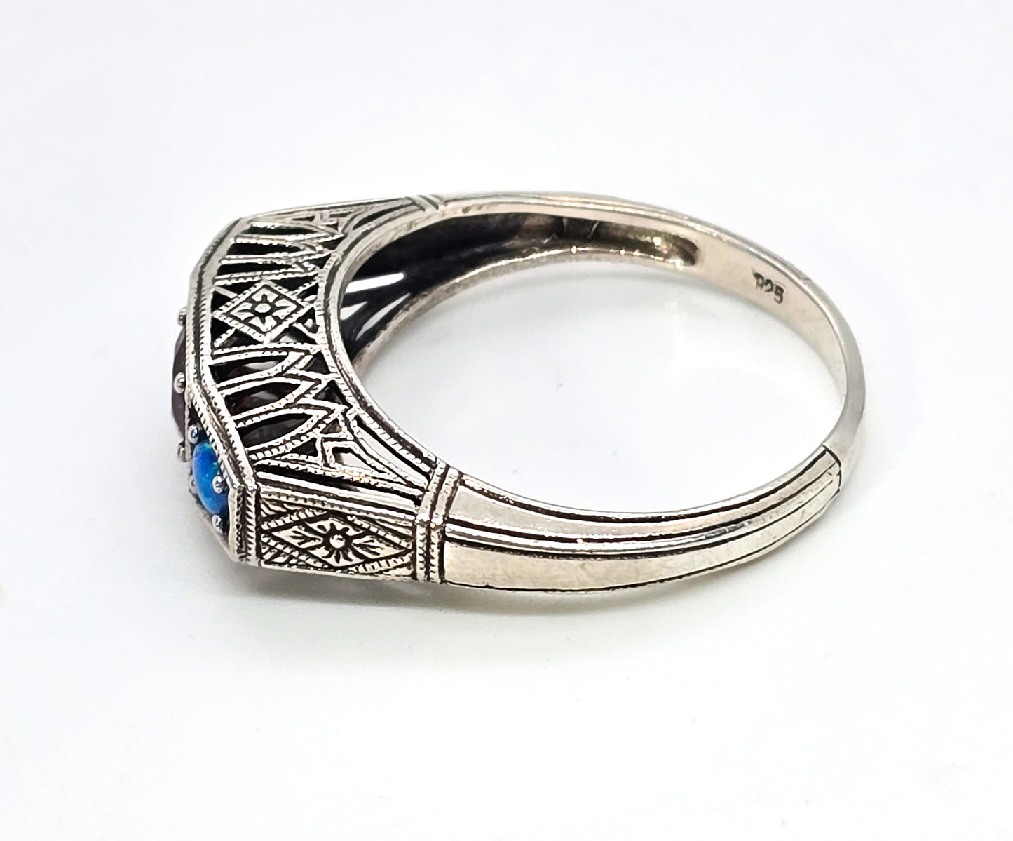 Blue fire opal and garnet filigree Art Deco style signet sterling silver ring band size 8