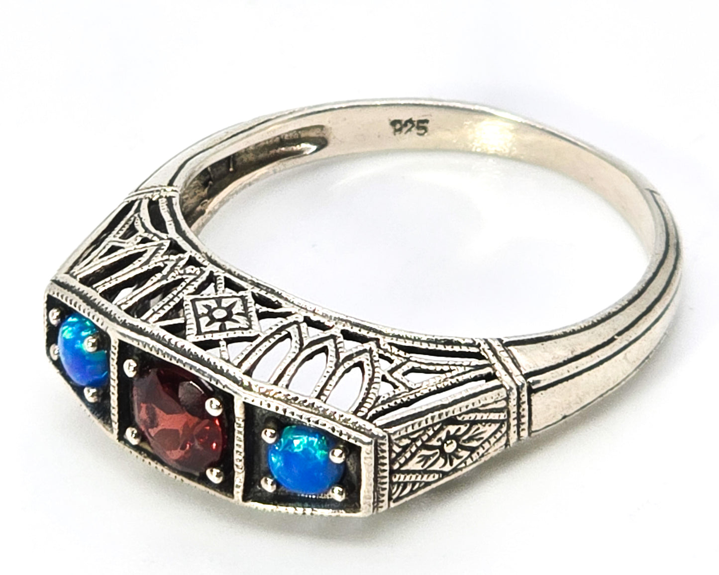 Blue fire opal and garnet filigree Art Deco style signet sterling silver ring band size 8