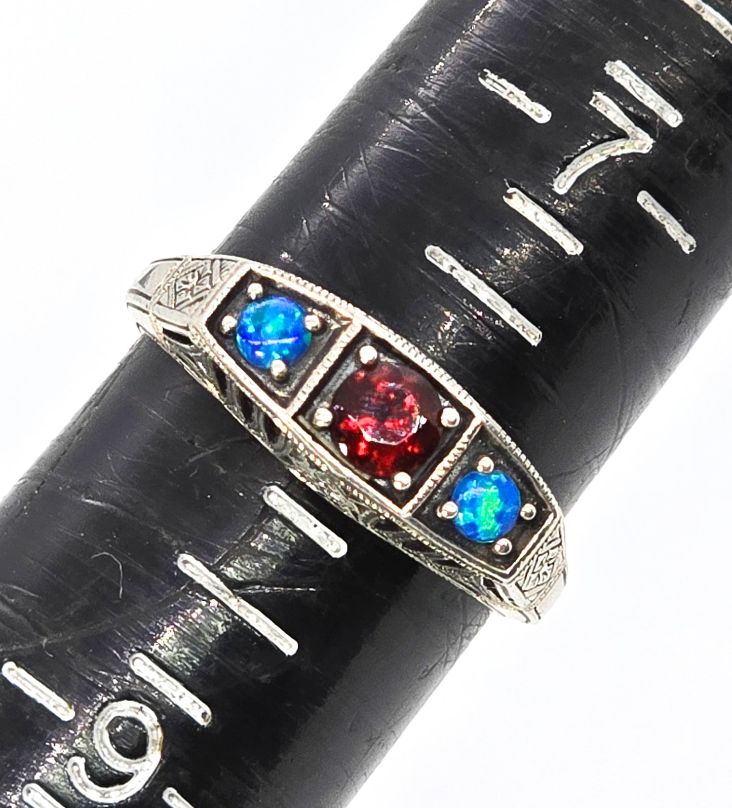 Blue fire opal and garnet filigree Art Deco style signet sterling silver ring band size 8