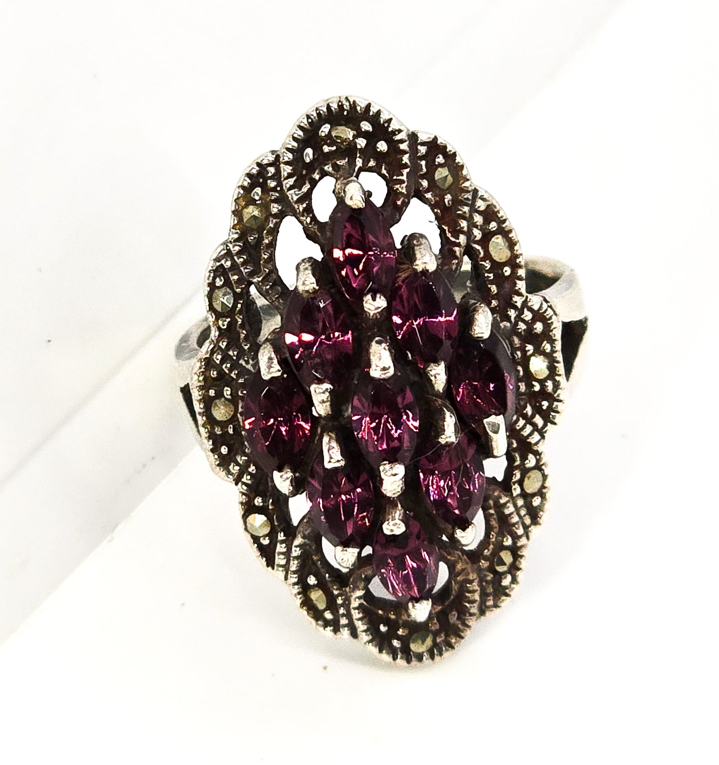 Purple rhinestone and marcasite large open work sterling silver cocktail ring size 8 and 1/2