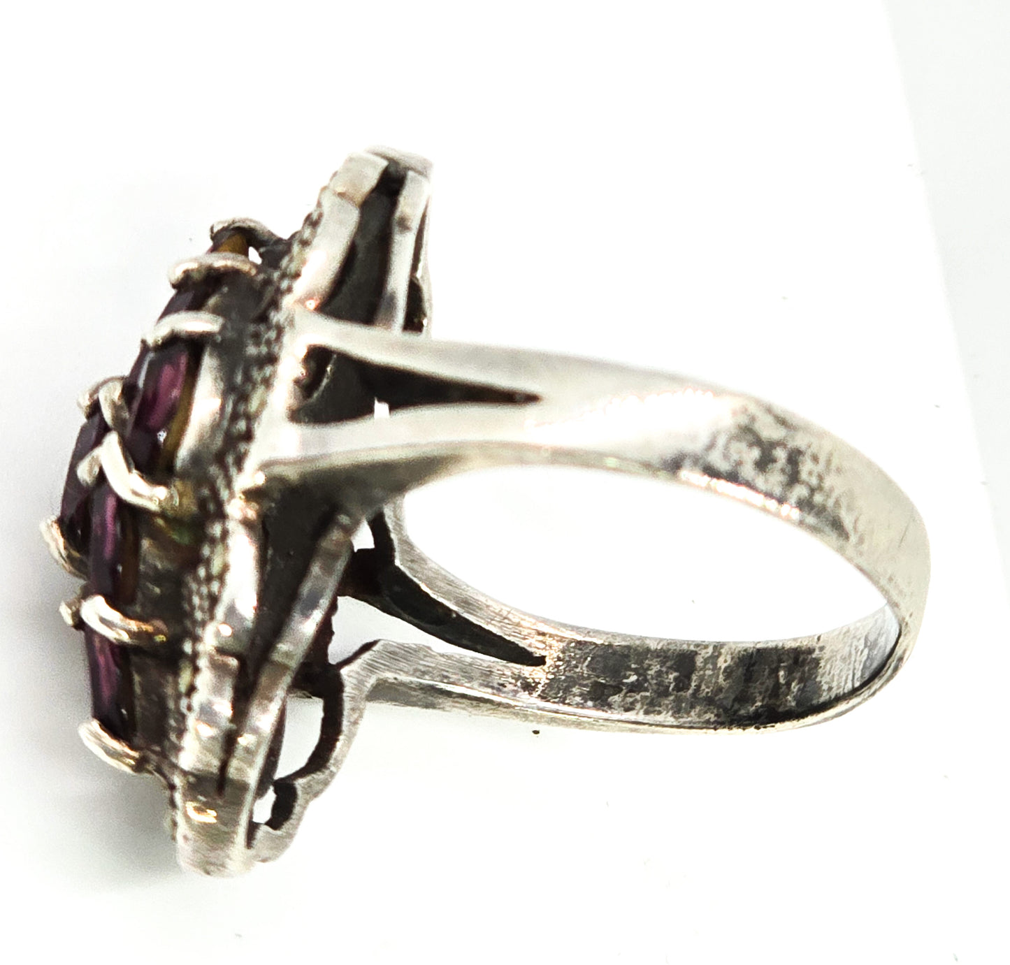 Purple rhinestone and marcasite large open work sterling silver cocktail ring size 8 and 1/2