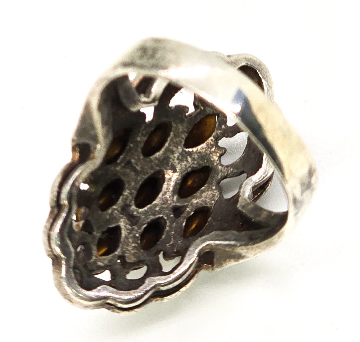 Purple rhinestone and marcasite large open work sterling silver cocktail ring size 8 and 1/2