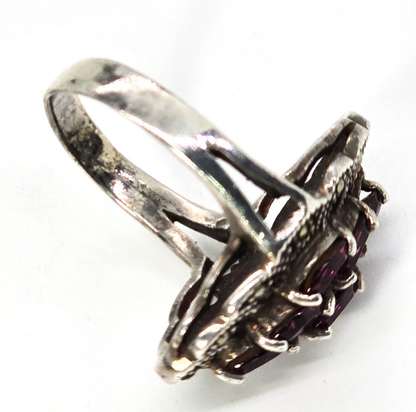 Purple rhinestone and marcasite large open work sterling silver cocktail ring size 8 and 1/2