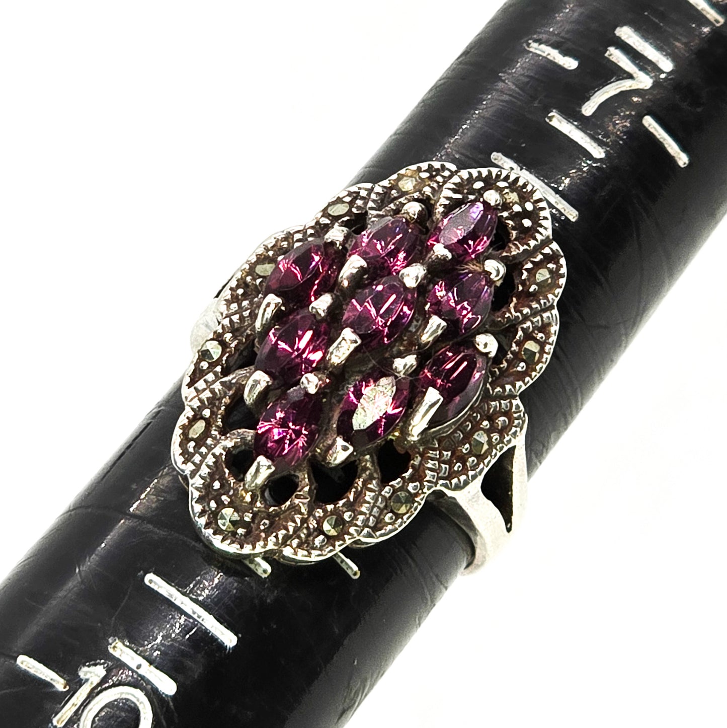 Purple rhinestone and marcasite large open work sterling silver cocktail ring size 8 and 1/2