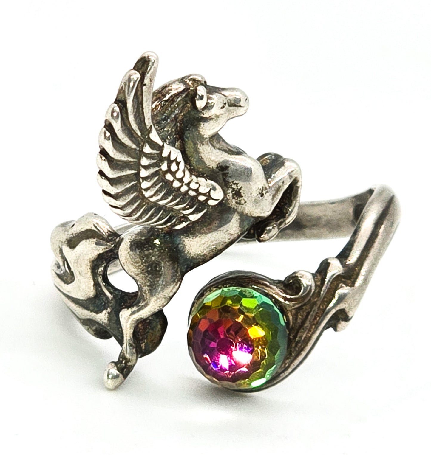 Shube Flying Pegasus prism crystal ball sterling silver vintage torsade ring size 9 Dakota West