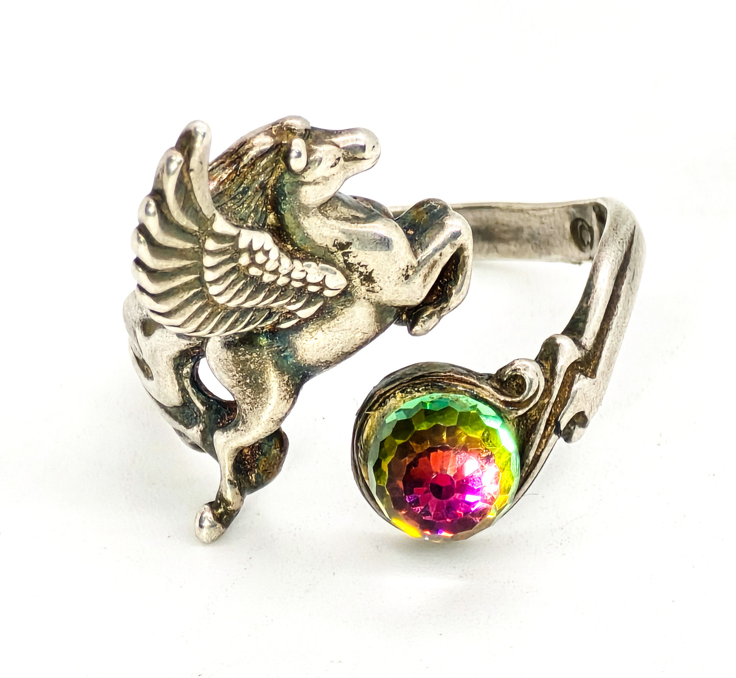 Shube Flying Pegasus prism crystal ball sterling silver vintage torsade ring size 9 Dakota West