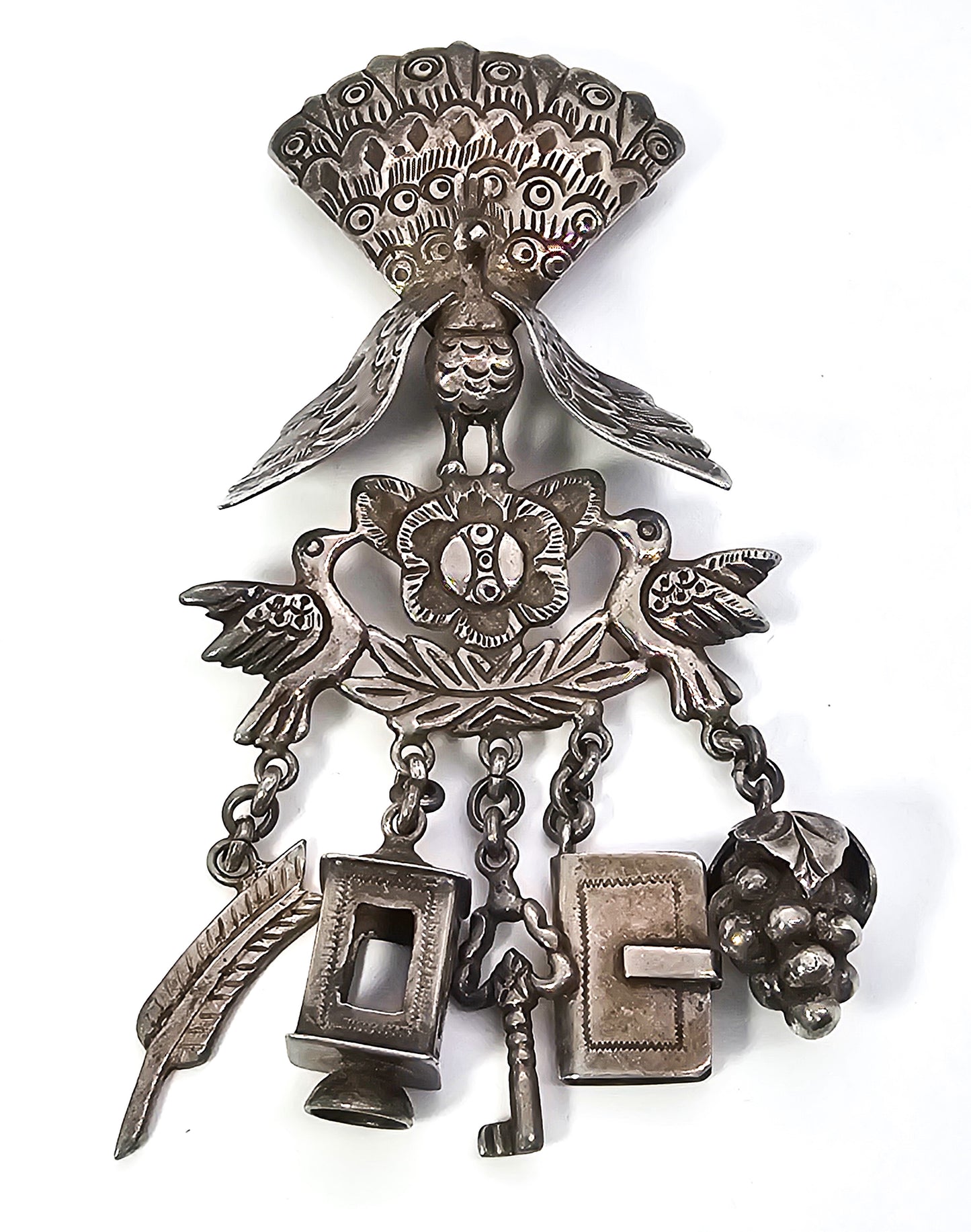 Peruvian Peacock and Charms Tupu (Shawl Pin) Sterling Silver large vintage brooch