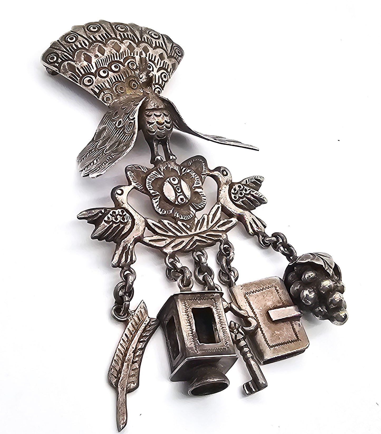 Peruvian Peacock and Charms Tupu (Shawl Pin) Sterling Silver large vintage brooch