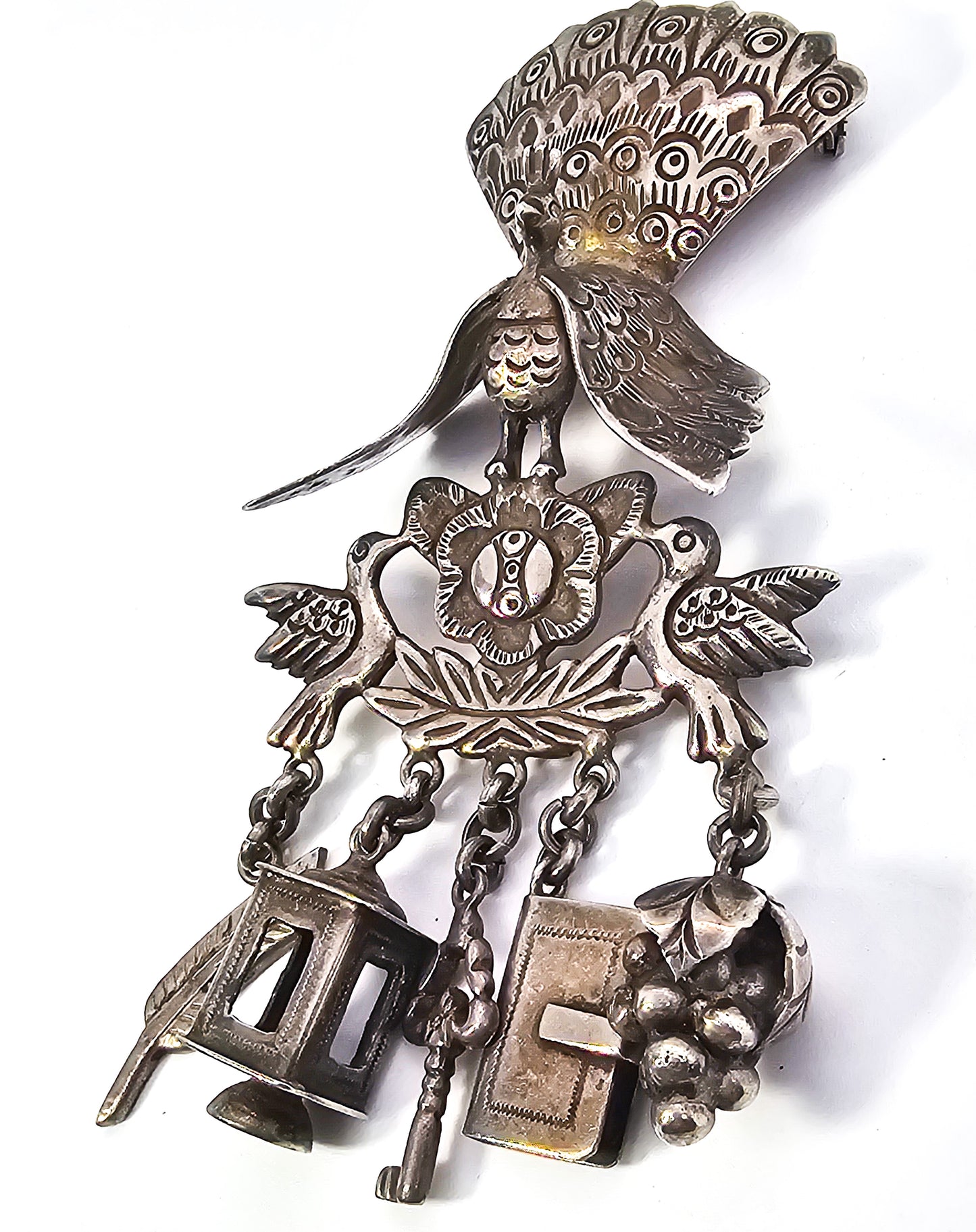 Peruvian Peacock and Charms Tupu (Shawl Pin) Sterling Silver large vintage brooch