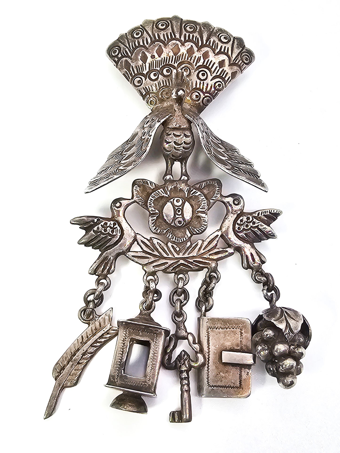 Peruvian Peacock and Charms Tupu (Shawl Pin) Sterling Silver large vintage brooch