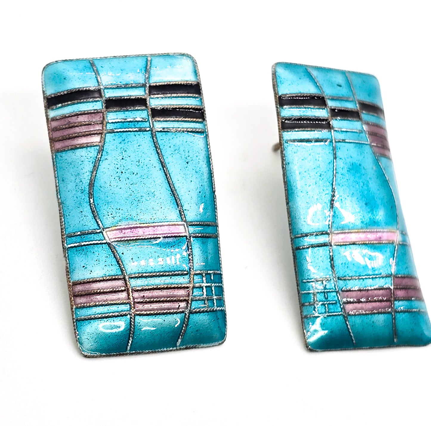 Shashi Singapuri Laurel Inc Turquoise Mondrian vintage sterling silver enamel earrings
