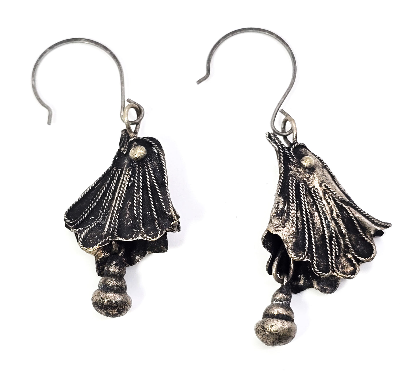 Ethnic tribal chicken bird head silver toned bell drop vintage earrings