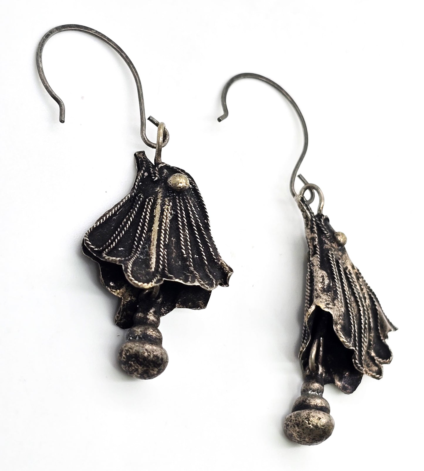 Ethnic tribal chicken bird head silver toned bell drop vintage earrings