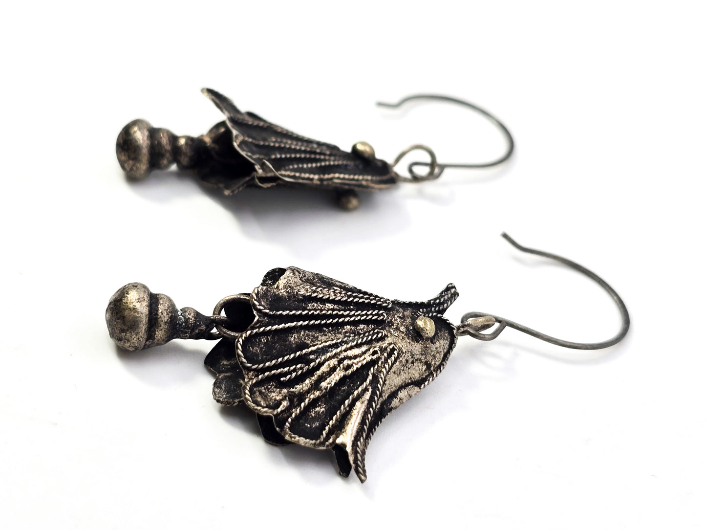 Ethnic tribal chicken bird head silver toned bell drop vintage earrings