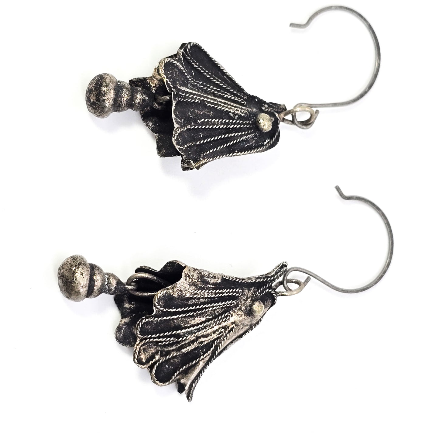 Ethnic tribal chicken bird head silver toned bell drop vintage earrings