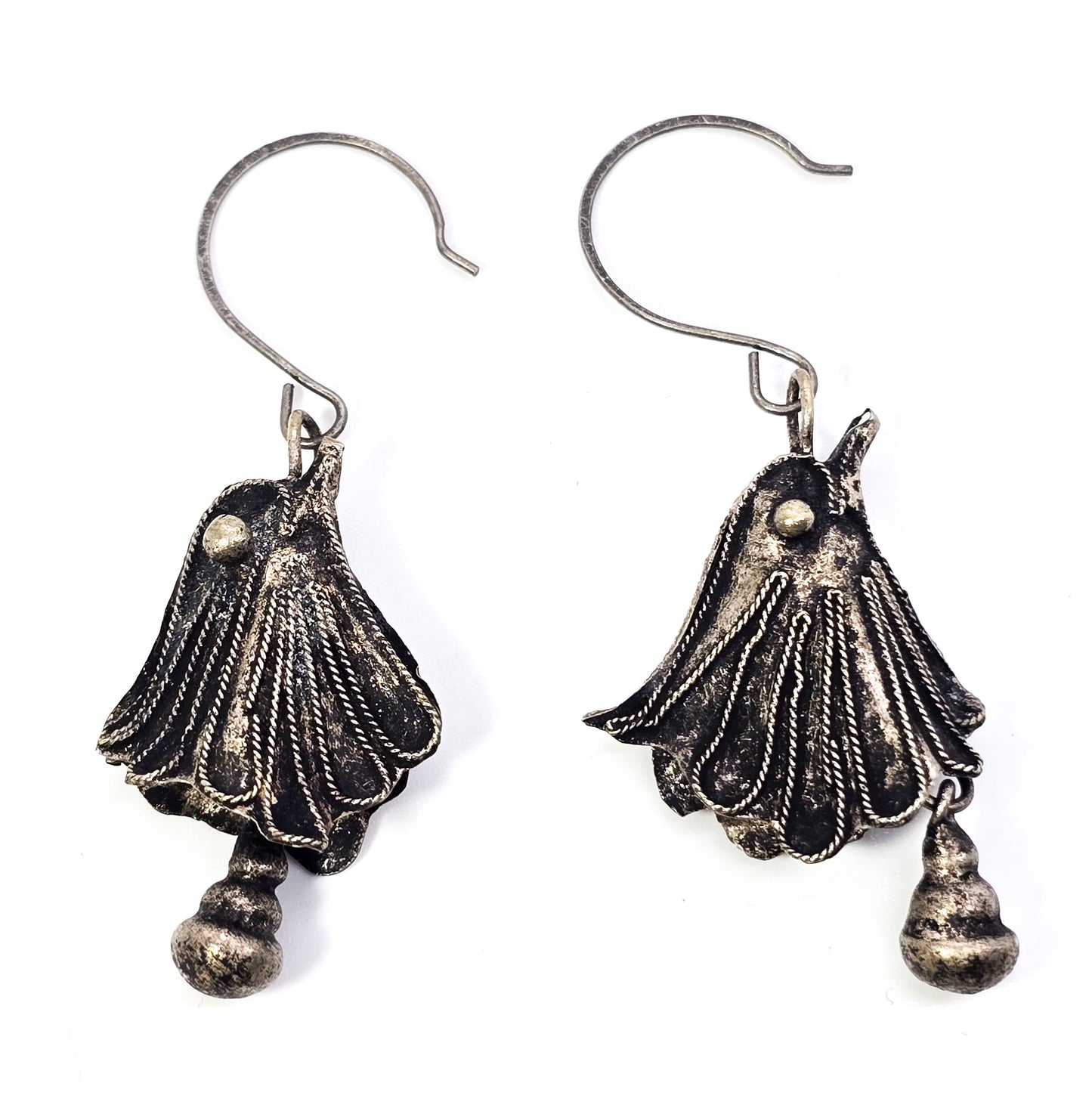 Ethnic tribal chicken bird head silver toned bell drop vintage earrings