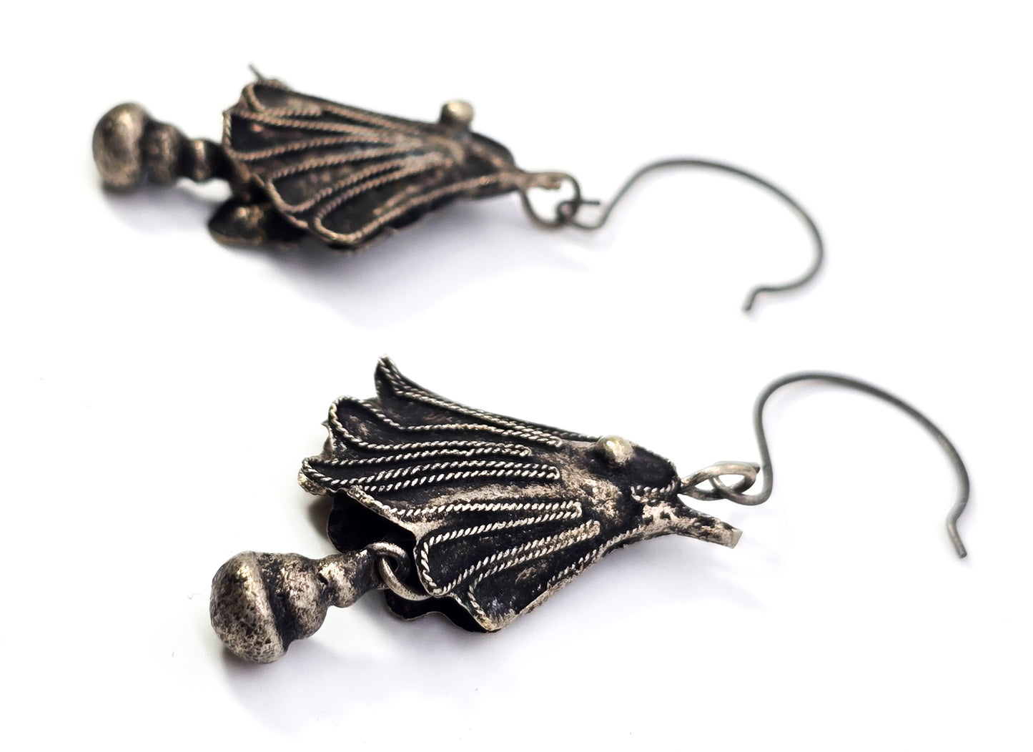 Ethnic tribal chicken bird head silver toned bell drop vintage earrings